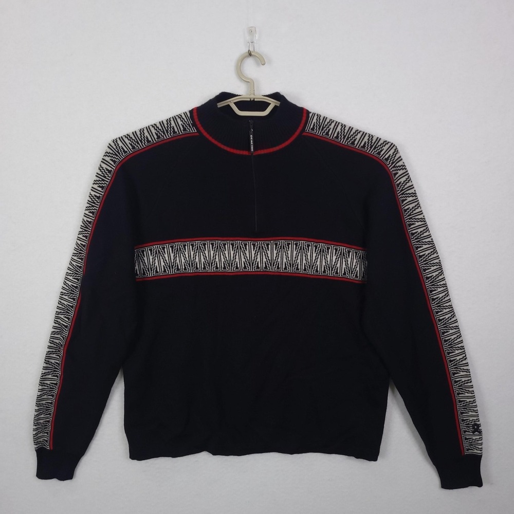 Vintage Demetre Quarter Zip Wool Blend Sweater Navy Blue Geometric Pattern XL
